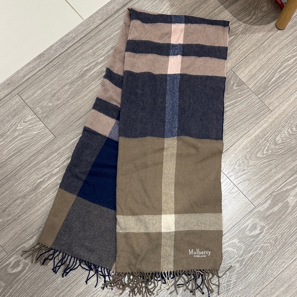 Mulberry Striped Wool Scarf - Navy and Tan